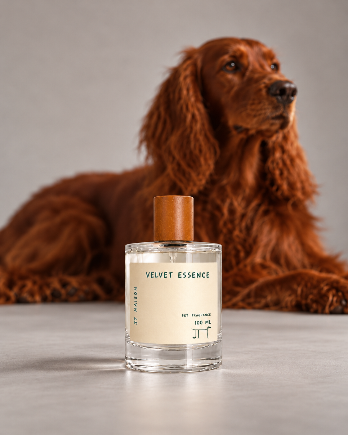 Setter irlandés junto al perfume Velvet Essence de JT Maison.